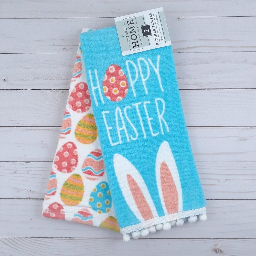 Terry Cloth Kitchen Towels Easter Bunny Eggs Set of 2 - Picture 1 of 4